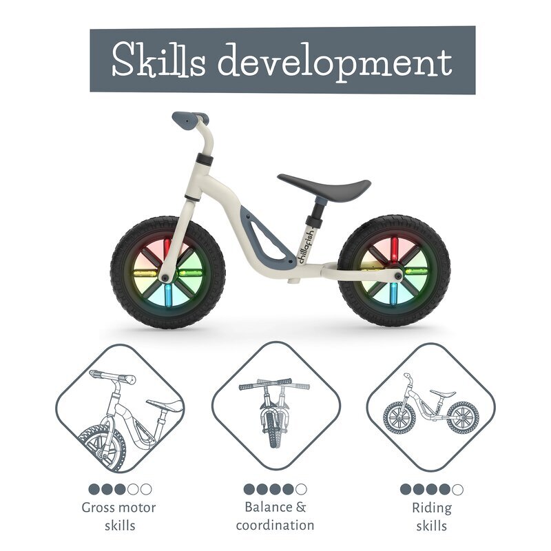 Chillafish Bicicleta copii fara pedale Charlie Glow Beige 10 inch roti din spuma Eva scaun reglabil de la 28-37 cm ghidon ajutabil de la 476-504 cm cadru usor varsta recomandata 18-48 luni spite stralucitoare