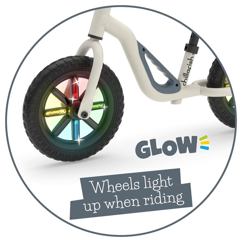 Chillafish Bicicleta copii fara pedale Charlie Glow Beige 10 inch roti din spuma Eva scaun reglabil de la 28-37 cm ghidon ajutabil de la 476-504 cm cadru usor varsta recomandata 18-48 luni spite stralucitoare