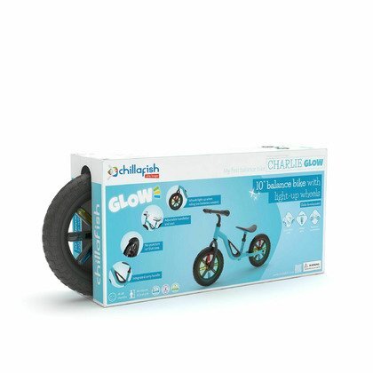 Chillafish Bicicleta copii fara pedale Charlie Glow Blue 10 inch roti din spuma Eva scaun reglabil de la 28-37 cm ghidon ajutabil de la 476-504 cm cadru usor varsta recomandata 18-48 luni spite stralucitoare