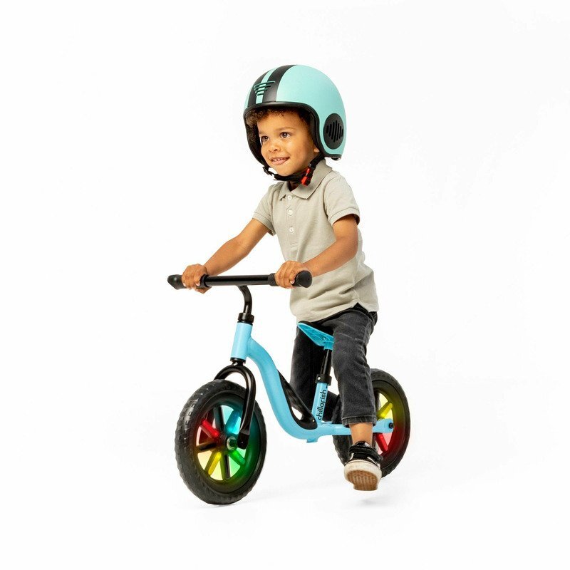 Chillafish Bicicleta copii fara pedale Charlie Glow Blue 10 inch roti din spuma Eva scaun reglabil de la 28-37 cm ghidon ajutabil de la 476-504 cm cadru usor varsta recomandata 18-48 luni spite stralucitoare