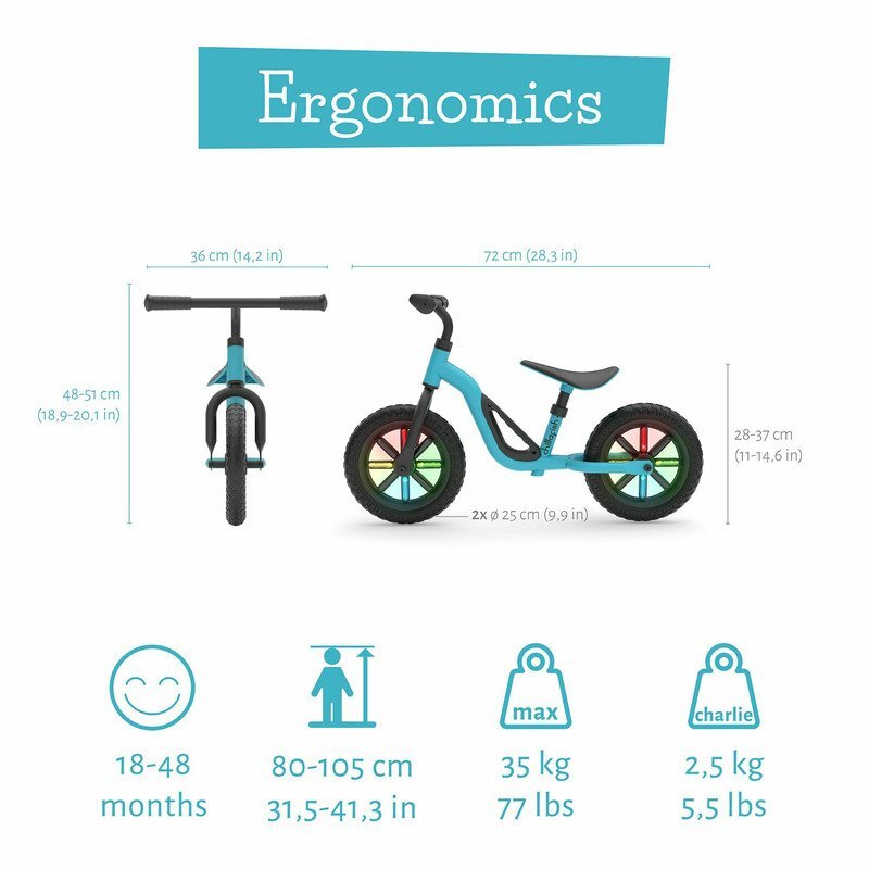 Chillafish Bicicleta copii fara pedale Charlie Glow Blue 10 inch roti din spuma Eva scaun reglabil de la 28-37 cm ghidon ajutabil de la 476-504 cm cadru usor varsta recomandata 18-48 luni spite stralucitoare