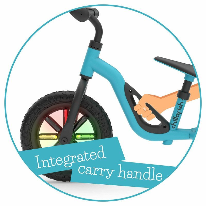 Chillafish Bicicleta copii fara pedale Charlie Glow Blue 10 inch roti din spuma Eva scaun reglabil de la 28-37 cm ghidon ajutabil de la 476-504 cm cadru usor varsta recomandata 18-48 luni spite stralucitoare