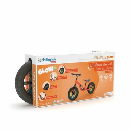 Chillafish Bicicleta copii fara pedale Charlie Glow Orange 10 inch roti din spuma Eva scaun reglabil de la 28-37 cm ghidon ajutabil de la 476-504 cm cadru usor varsta recomandata 18-48 luni spite stralucitoare