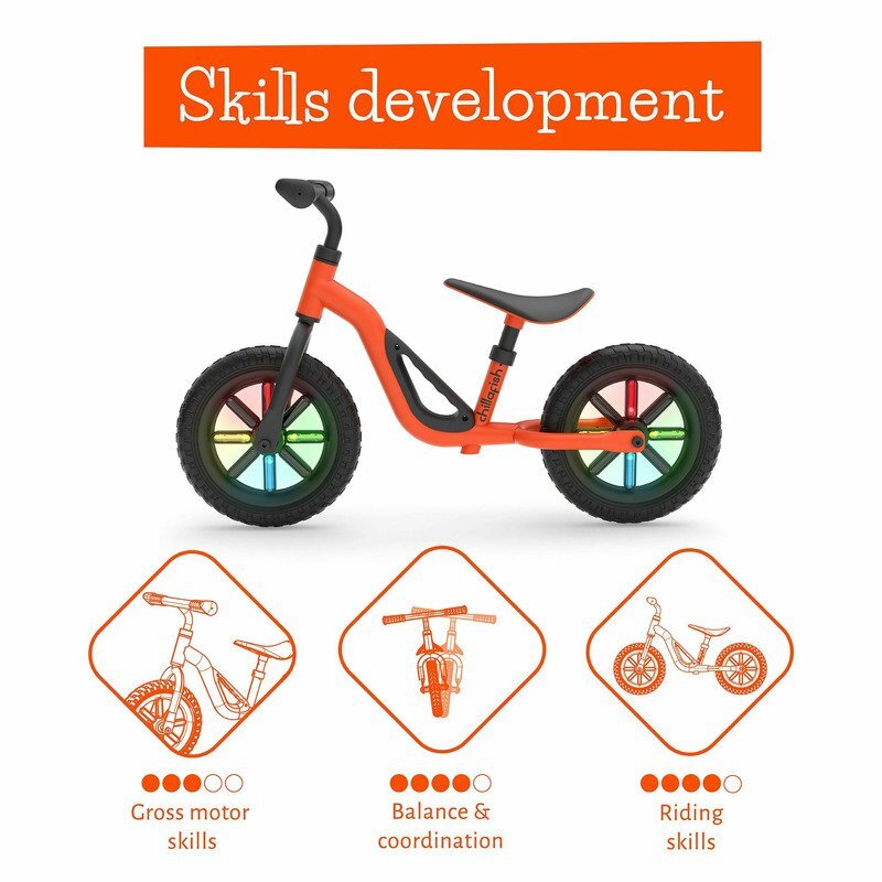 Chillafish Bicicleta copii fara pedale Charlie Glow Orange 10 inch roti din spuma Eva scaun reglabil de la 28-37 cm ghidon ajutabil de la 476-504 cm cadru usor varsta recomandata 18-48 luni spite stralucitoare