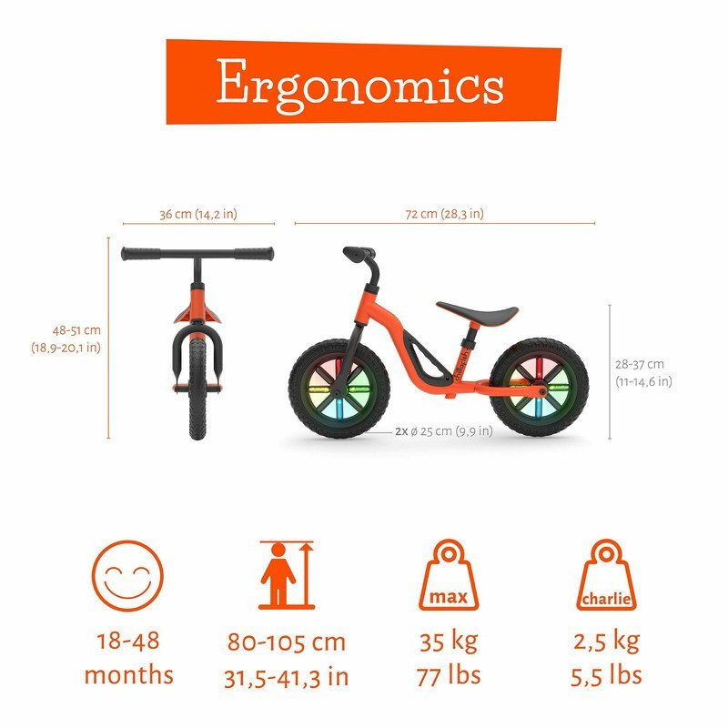 Chillafish Bicicleta copii fara pedale Charlie Glow Orange 10 inch roti din spuma Eva scaun reglabil de la 28-37 cm ghidon ajutabil de la 476-504 cm cadru usor varsta recomandata 18-48 luni spite stralucitoare