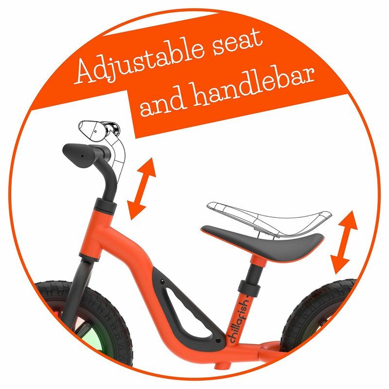 Chillafish Bicicleta copii fara pedale Charlie Glow Orange 10 inch roti din spuma Eva scaun reglabil de la 28-37 cm ghidon ajutabil de la 476-504 cm cadru usor varsta recomandata 18-48 luni spite stralucitoare