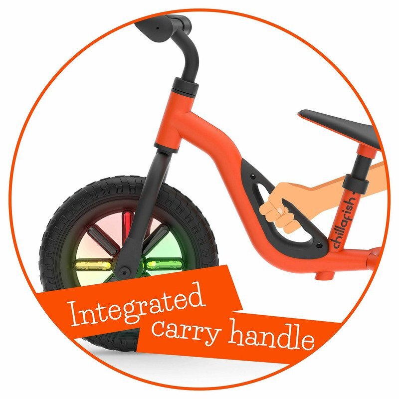 Chillafish Bicicleta copii fara pedale Charlie Glow Orange 10 inch roti din spuma Eva scaun reglabil de la 28-37 cm ghidon ajutabil de la 476-504 cm cadru usor varsta recomandata 18-48 luni spite stralucitoare