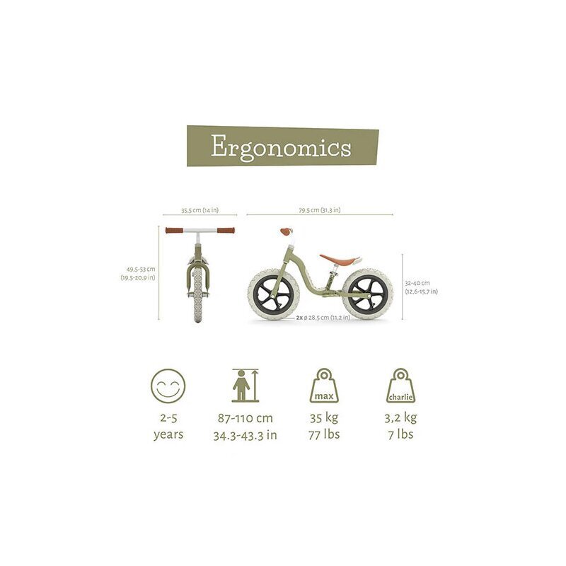 Chillafish Bicicleta copii fara pedale Charlie Lux Olive cu roti din spuma Eva 12 inch varsta 2-5 ani scaun reglabil de la 32-40 cm greutate redusa 32 kg ghidon reglabil anvelope EVA inaltimea recomandata 87-110 cm
