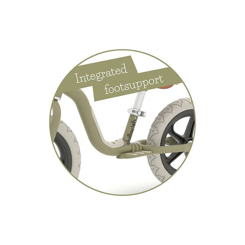 Chillafish Bicicleta copii fara pedale Charlie Lux Olive cu roti din spuma Eva 12 inch varsta 2-5 ani scaun reglabil de la 32-40 cm greutate redusa 32 kg ghidon reglabil anvelope EVA inaltimea recomandata 87-110 cm