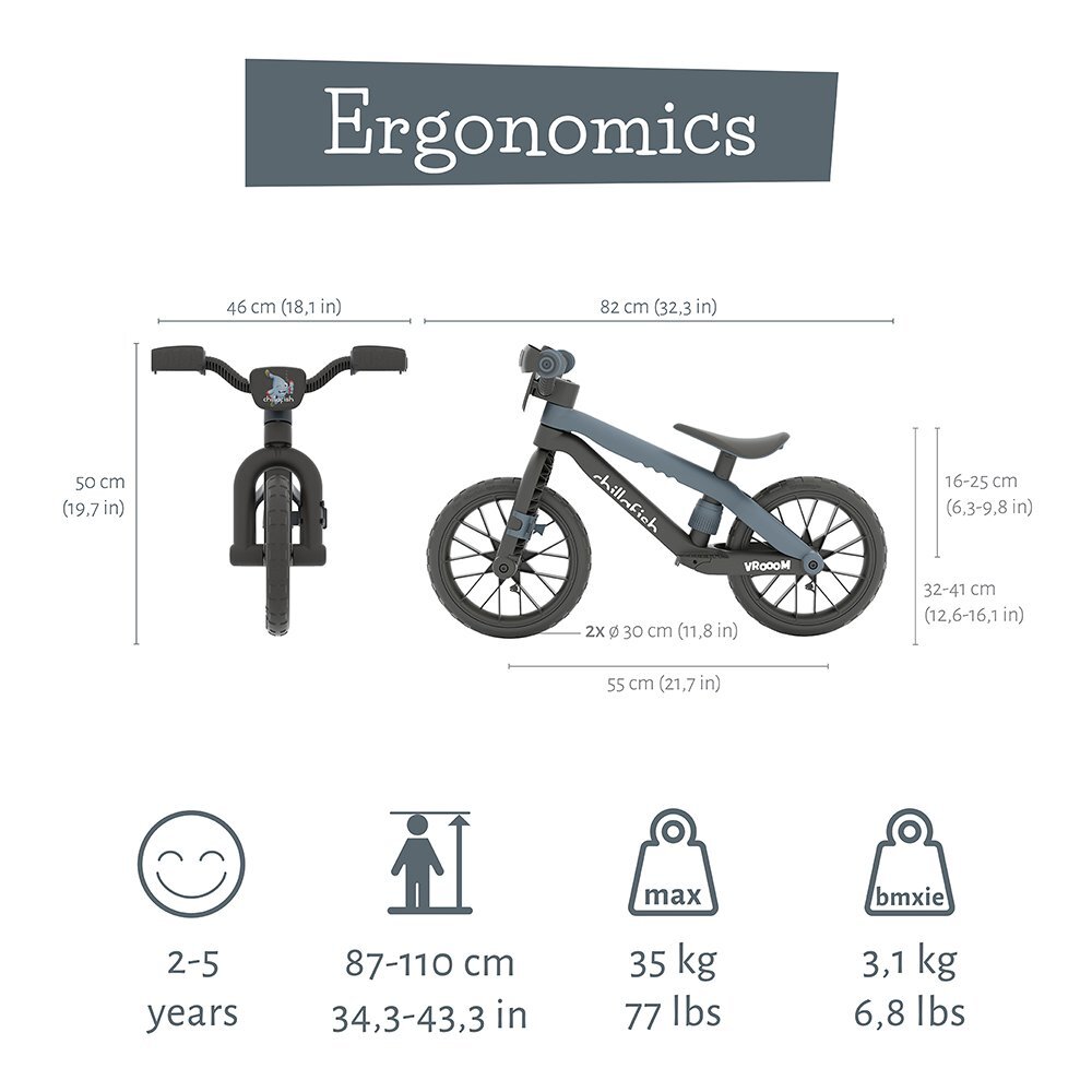 Chillafish Bicicleta fara pedale BMXie Vroom Anthracite 12 inch suport pentru picioare integrat varsta 2-5 ani scaun reglabil anvelope EVA greutate admisa 35 kg