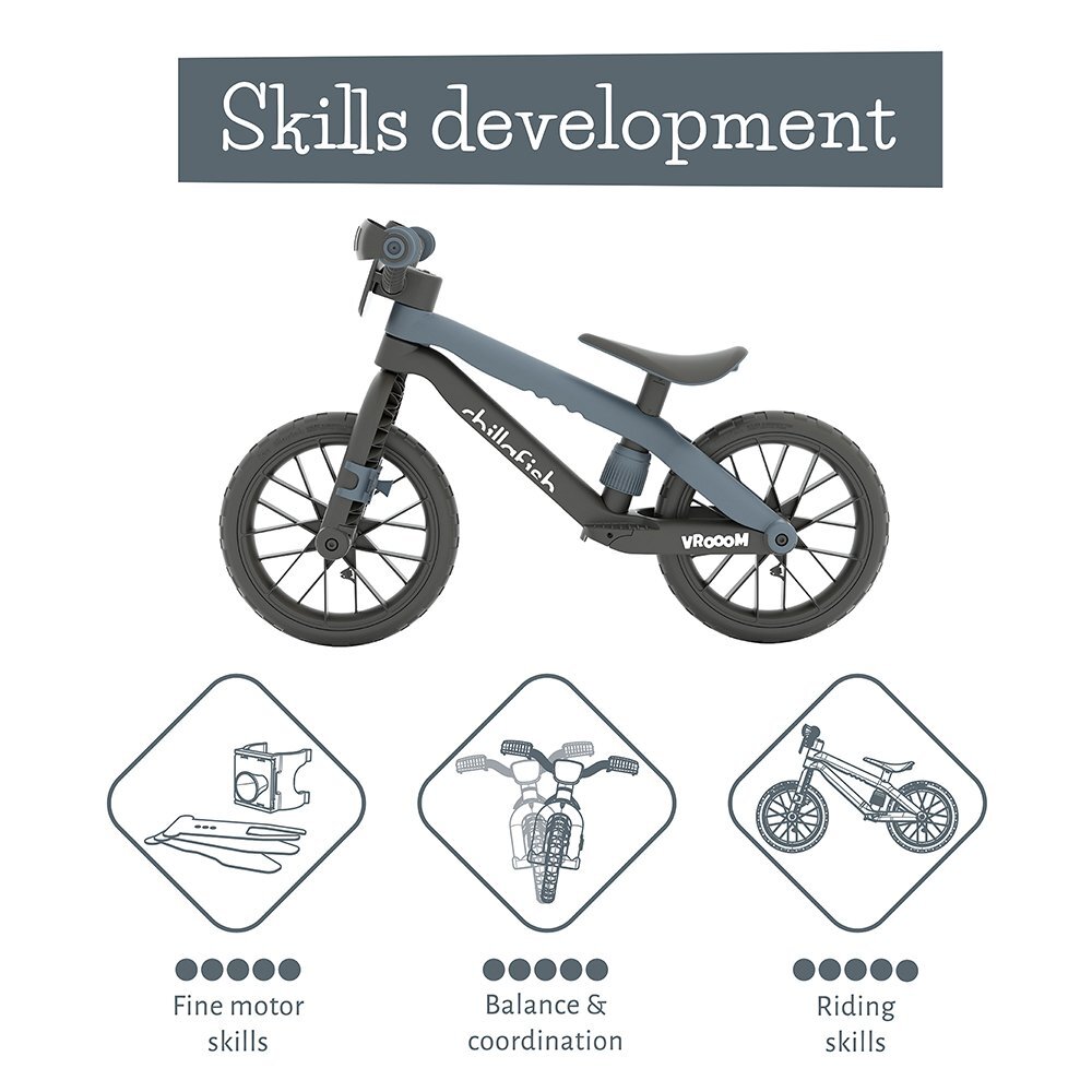 Chillafish Bicicleta fara pedale BMXie Vroom Anthracite 12 inch suport pentru picioare integrat varsta 2-5 ani scaun reglabil anvelope EVA greutate admisa 35 kg
