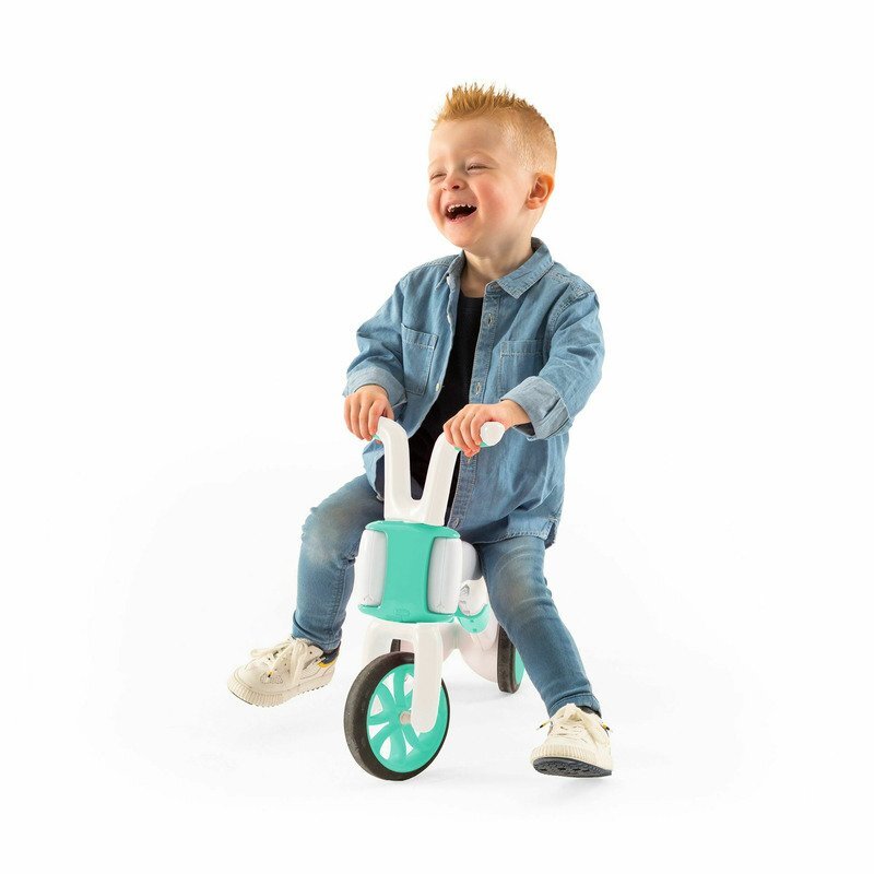 Chillafish Tricicleta pentru copii Bunzi Mate Mint 2 in 1 transformabila in bicicleta fara pedale scaun usor reglabil roti din cauciuc sintetic spatiu depozitare jucarii greutate admisa 25 kg