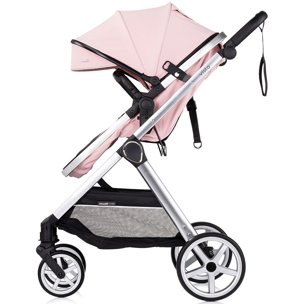 CHIPOLINO Carucior 2 in 1 pentru copii Vista Pink Marshmallow transformabil cadru din aluminiu sezut reversibil maner reglabil suspensii husa de picioare geanta greutate suportata 22 kg