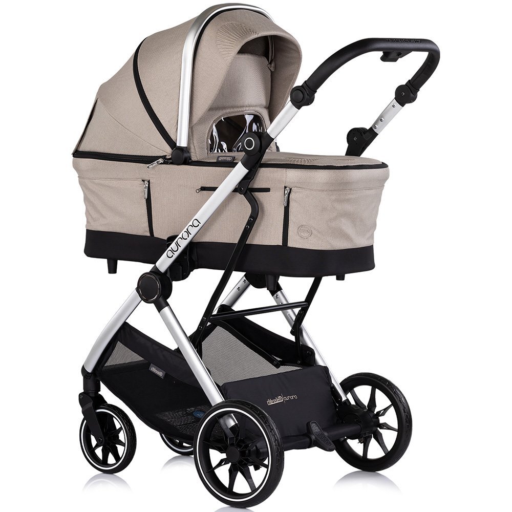 CHIPOLINO Carucior 3 in 1 pentru copii Aurora Latte reversibil spatar reglabil cadru din aluminiu suspensii geanta greutate admisa 22 kg