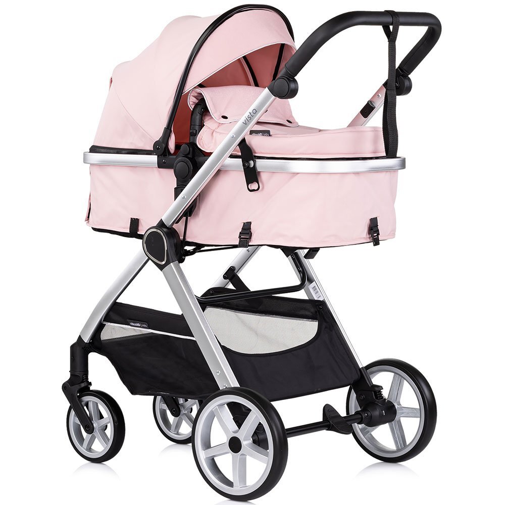 CHIPOLINO Carucior 3 in 1 pentru copii Vista Pink Marshmallow transformabil cadru din aluminiu sezut reversibil maner reglabil suspensii husa de picioare geanta greutate suportata 22 kg