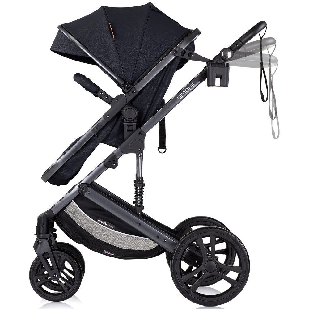 CHIPOLINO Carucior pentru copii Amore Blackberry 2 in 1 cu sezut reversibil maner reglabil suspensii husa de picioare gentuta suport pahar greutate admisa 22 kg