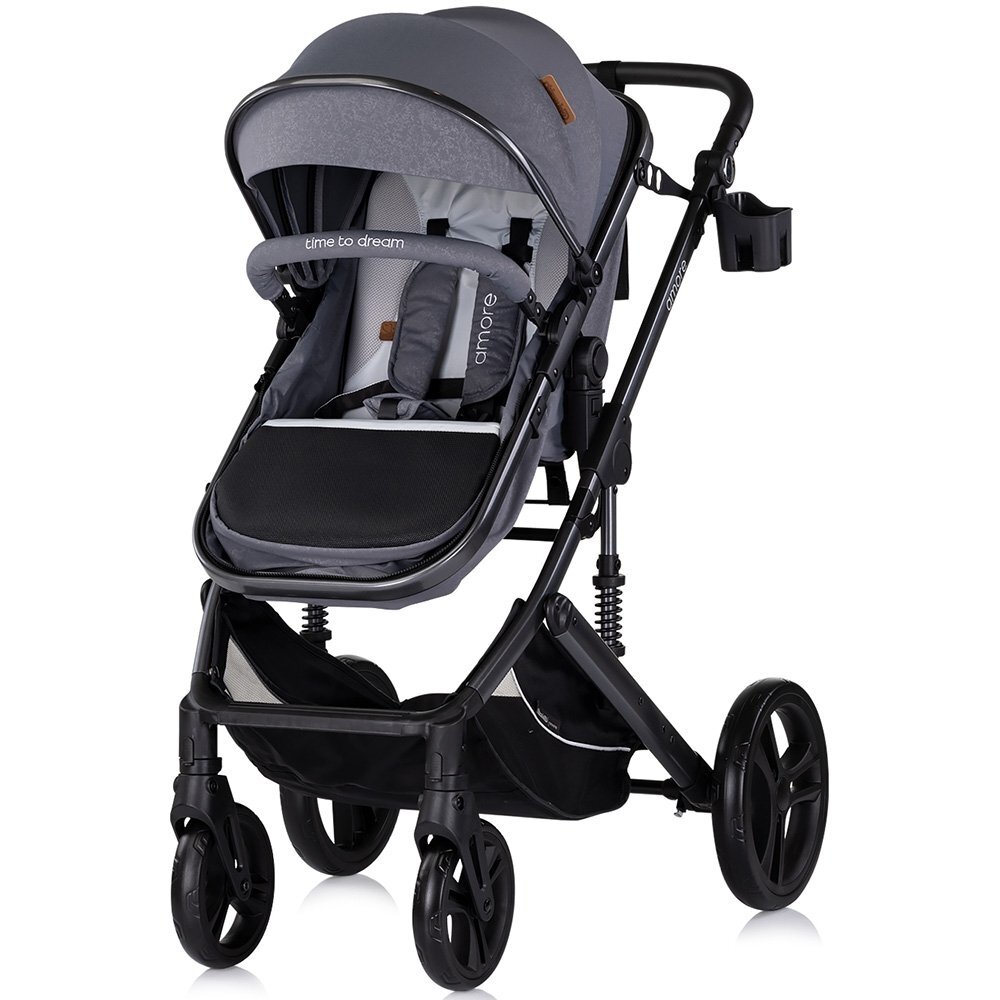 CHIPOLINO Carucior pentru copii Amore Cloud Grey 2 in 1 cu sezut reversibil maner reglabil suspensii husa de picioare gentuta suport pahar greutate admisa 22 kg