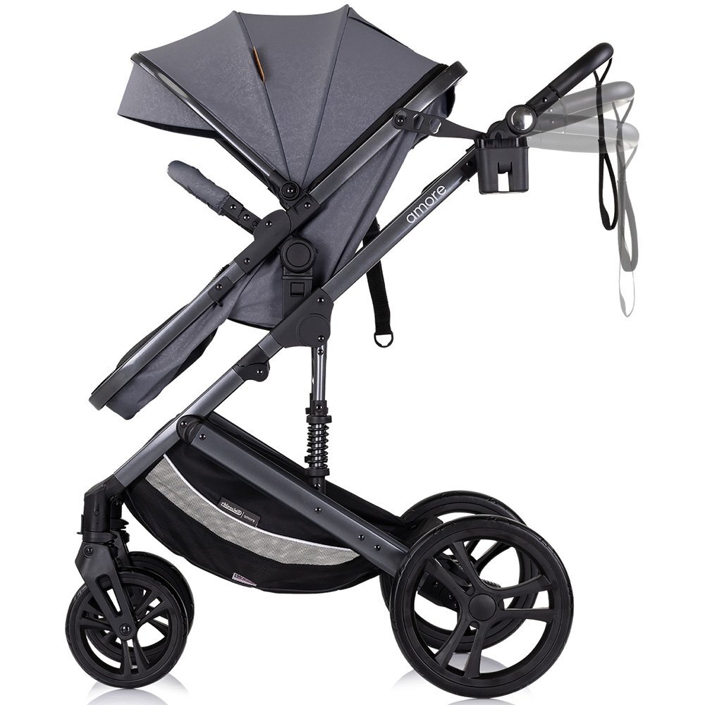 CHIPOLINO Carucior pentru copii Amore Cloud Grey 2 in 1 cu sezut reversibil maner reglabil suspensii husa de picioare gentuta suport pahar greutate admisa 22 kg