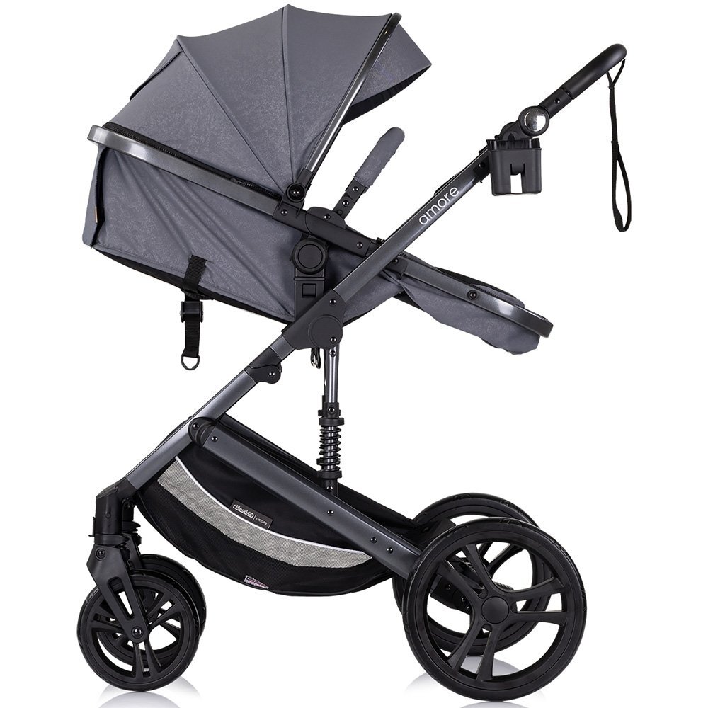 CHIPOLINO Carucior pentru copii Amore Cloud Grey 2 in 1 cu sezut reversibil maner reglabil suspensii husa de picioare gentuta suport pahar greutate admisa 22 kg