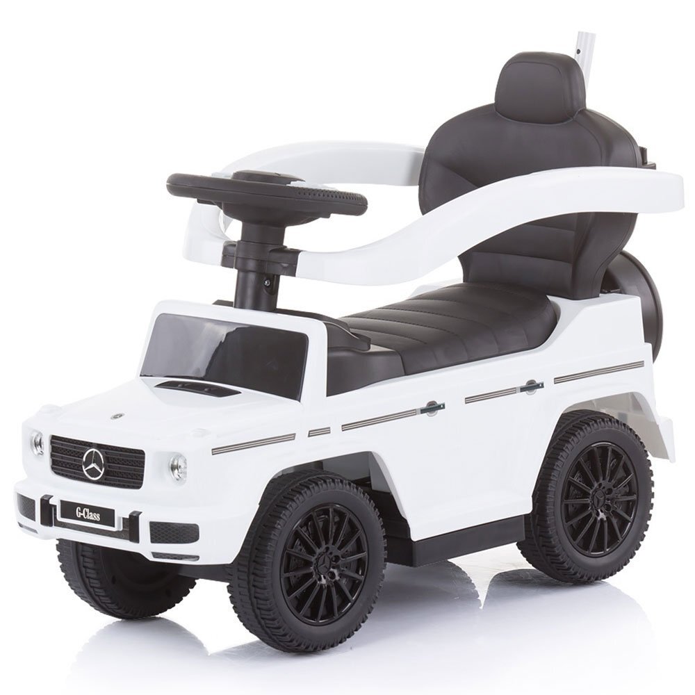 CHIPOLINO Masinuta copii de impins Mercedes G350 white cu maner si copertina detasabile spatiu de depozitare sub sezut suport pentru picioare retractabil potrivita copiilor cu varsta mai mare de 1 an cu greutatea pana la 2