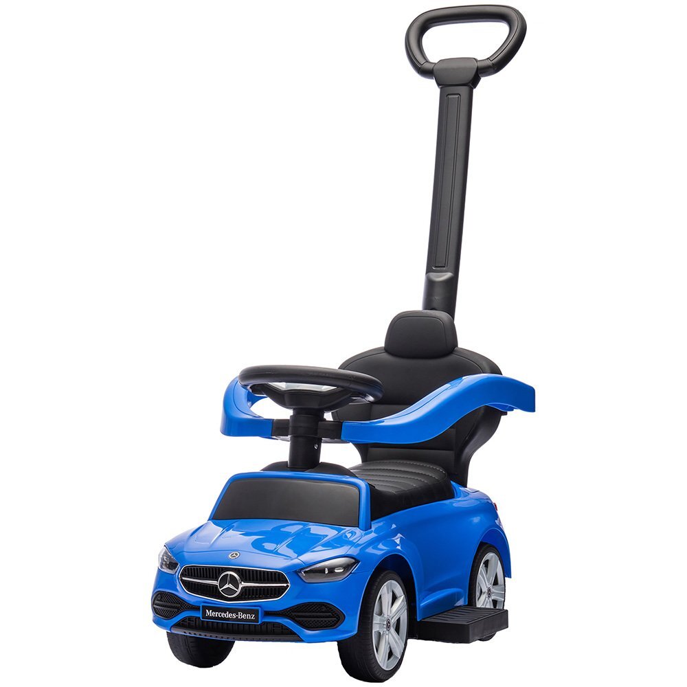 CHIPOLINO Masinuta de impins cu maner Mercedes Benz C-Class Blue cu bara de siguranta suport pentru picioare spatiu depozitare volan cu sunete greutate admisa 25 kg