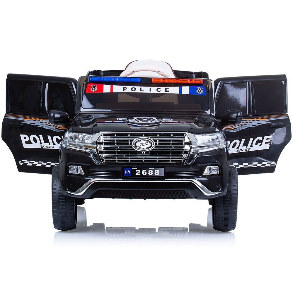 CHIPOLINO Masinuta electrica pentru copii SUV Police Patrol cu scaun din piele black 40W centura siguranta deschidere usi telecomanda Usb si lumini