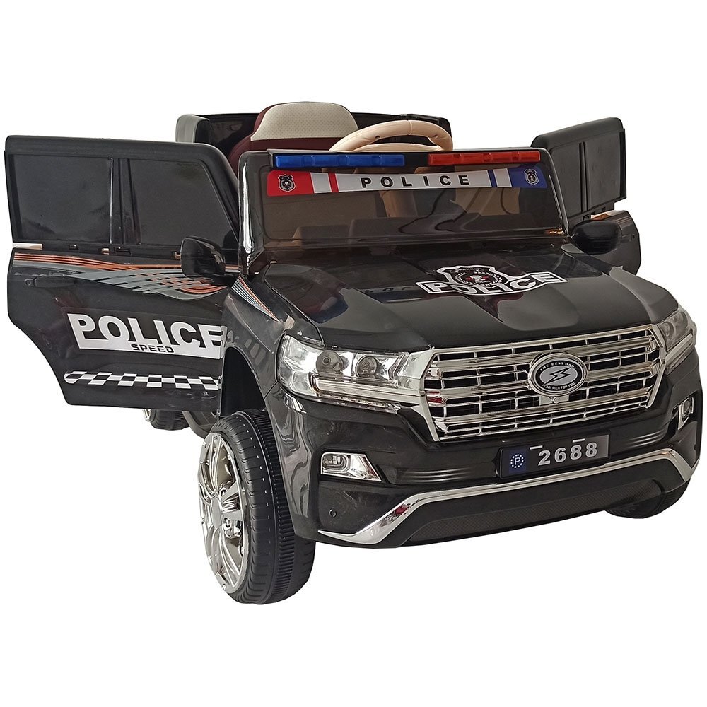 CHIPOLINO Masinuta electrica pentru copii SUV Police Patrol cu scaun din piele black 40W centura siguranta deschidere usi telecomanda Usb si lumini