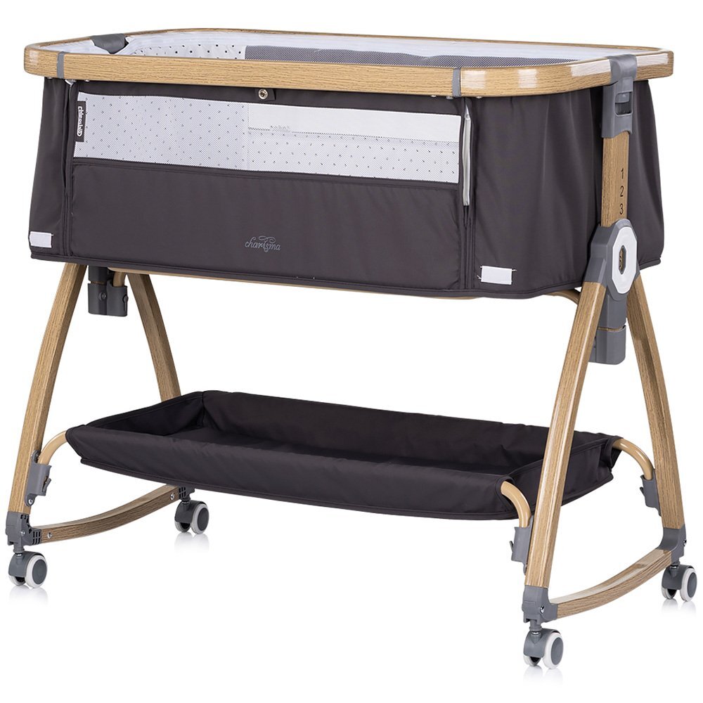CHIPOLINO Patut co-sleeper Charisma Charcoal Wood cu laterala culisanta si functie de leagan