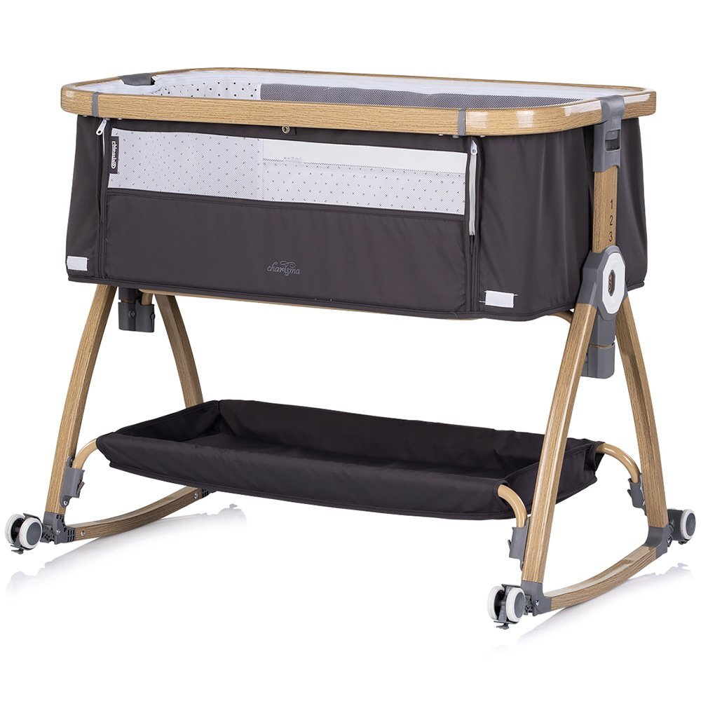CHIPOLINO Patut co-sleeper Charisma Charcoal Wood cu laterala culisanta si functie de leagan