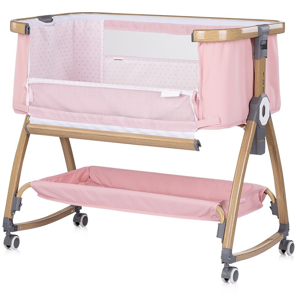 CHIPOLINO Patut co-sleeper Charisma Powder Pink Wood cu laterala culisanta si functie de leagan