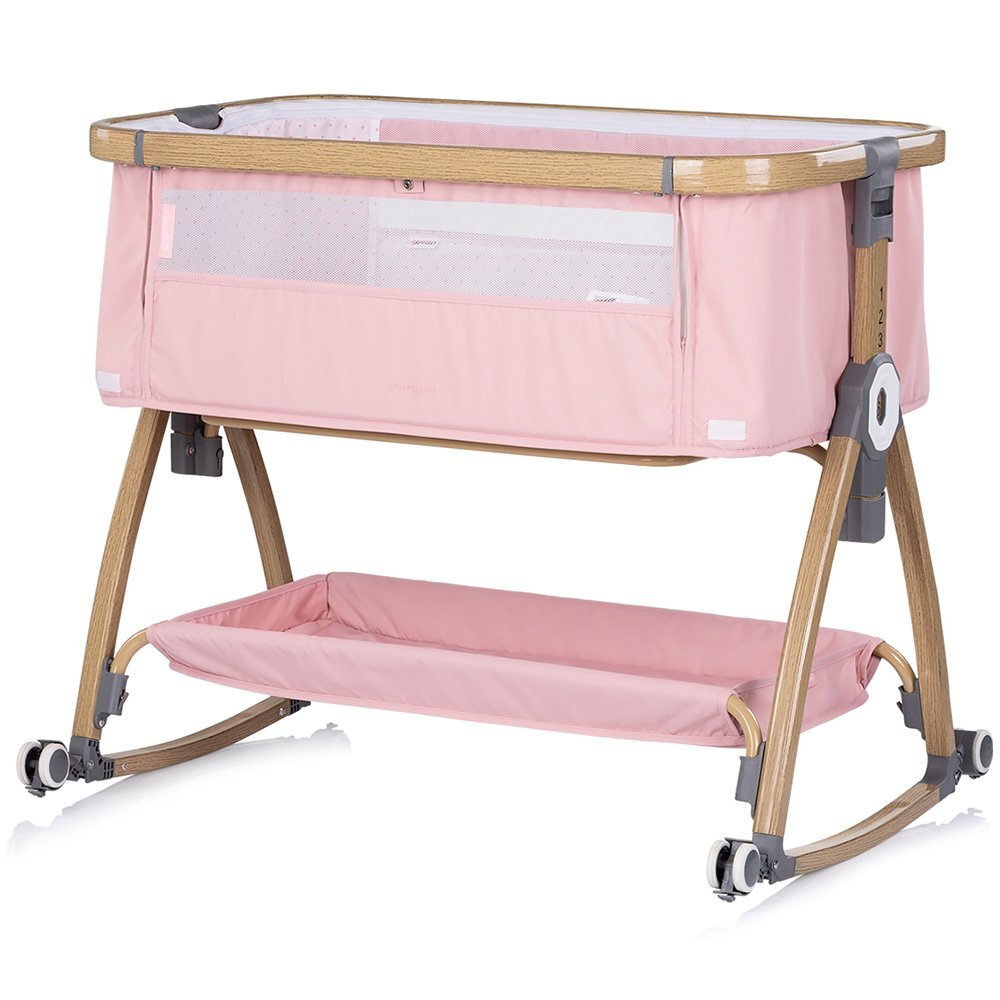 CHIPOLINO Patut co-sleeper Charisma Powder Pink Wood cu laterala culisanta si functie de leagan