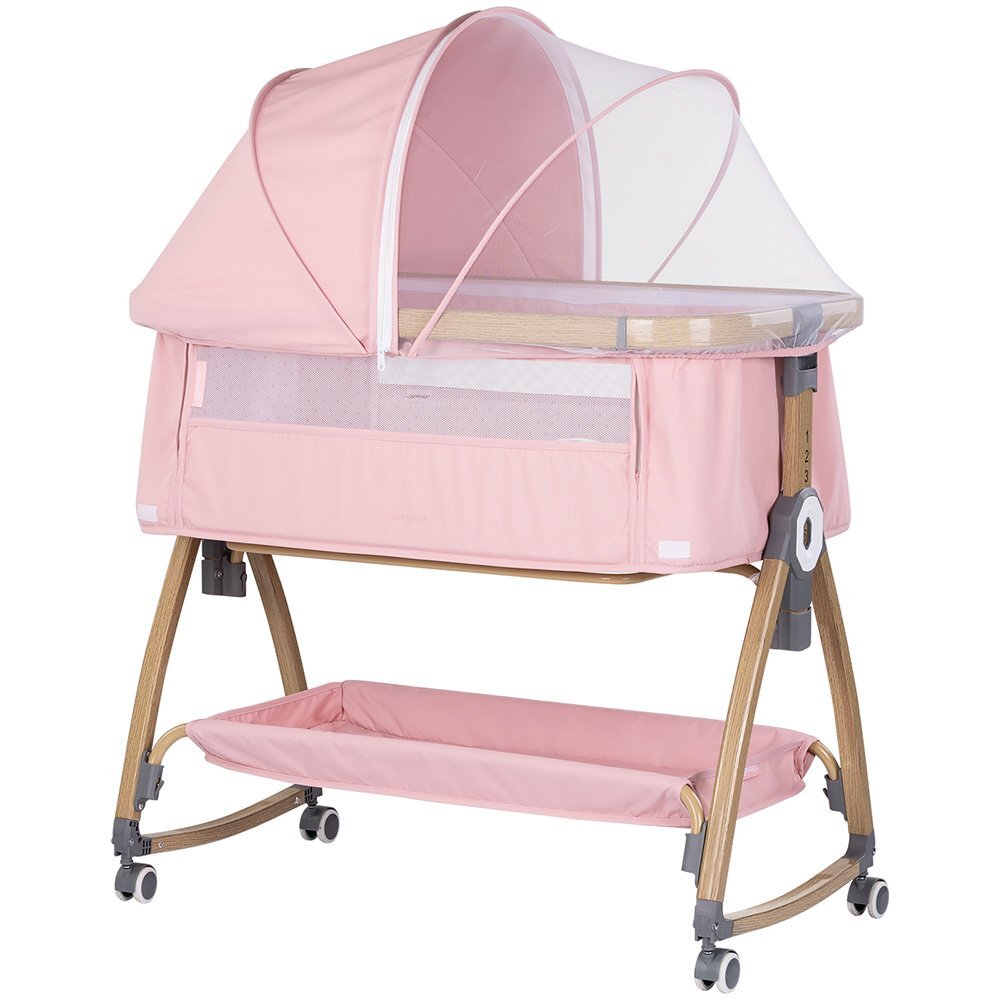 CHIPOLINO Patut co-sleeper Charisma Powder Pink Wood cu laterala culisanta si functie de leagan