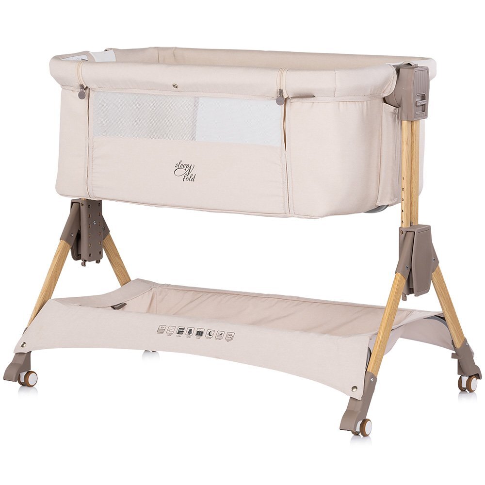 CHIPOLINO Patut co-sleeper pliabil SleepNFold Cashmere cu inaltime reglabila pozitie anti-reflux functie de leganare salteluta de infasat plasa anti-insecte roti cu frana