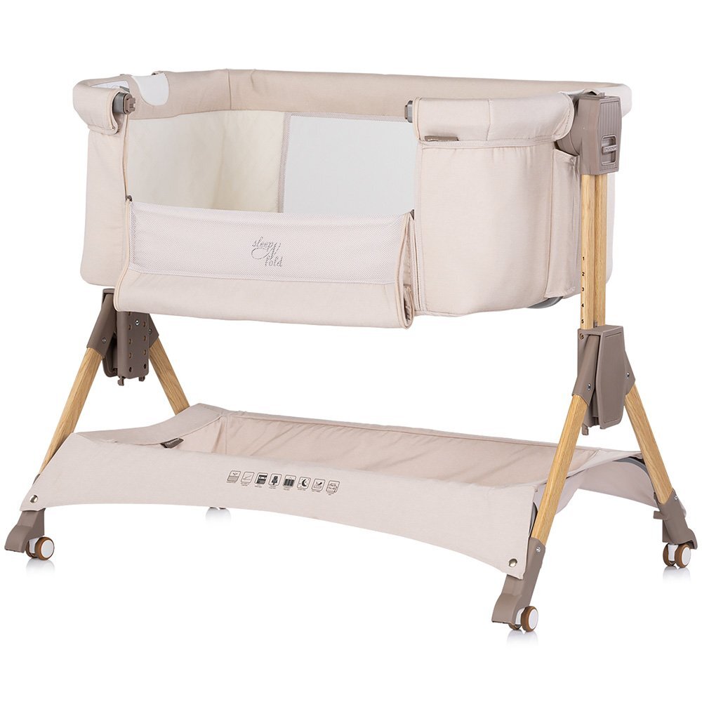 CHIPOLINO Patut co-sleeper pliabil SleepNFold Cashmere cu inaltime reglabila pozitie anti-reflux functie de leganare salteluta de infasat plasa anti-insecte roti cu frana