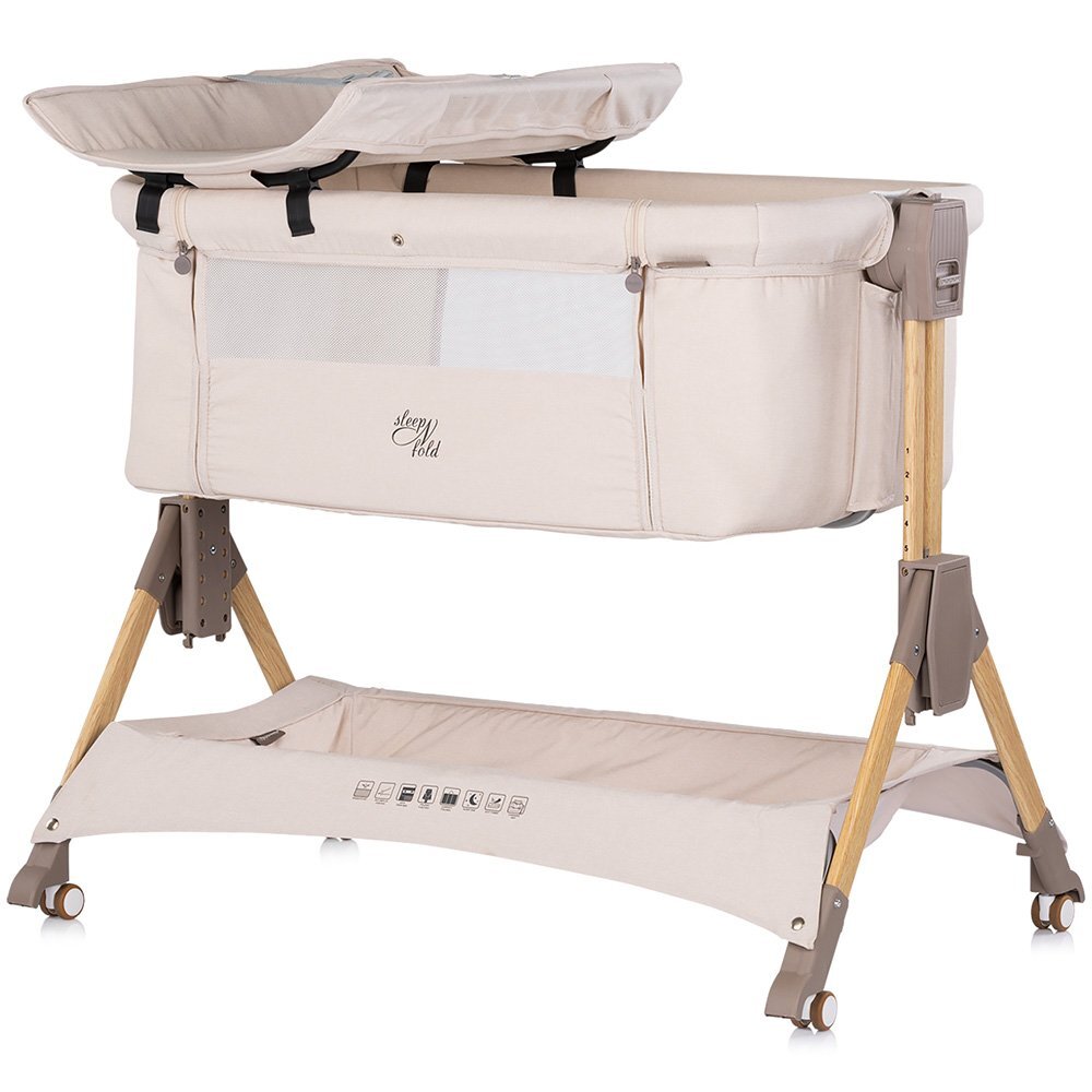 CHIPOLINO Patut co-sleeper pliabil SleepNFold Cashmere cu inaltime reglabila pozitie anti-reflux functie de leganare salteluta de infasat plasa anti-insecte roti cu frana