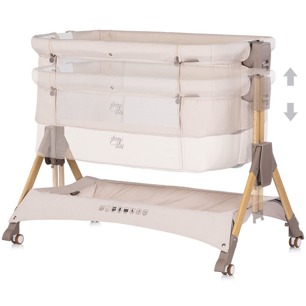 CHIPOLINO Patut co-sleeper pliabil SleepNFold Cashmere cu inaltime reglabila pozitie anti-reflux functie de leganare salteluta de infasat plasa anti-insecte roti cu frana