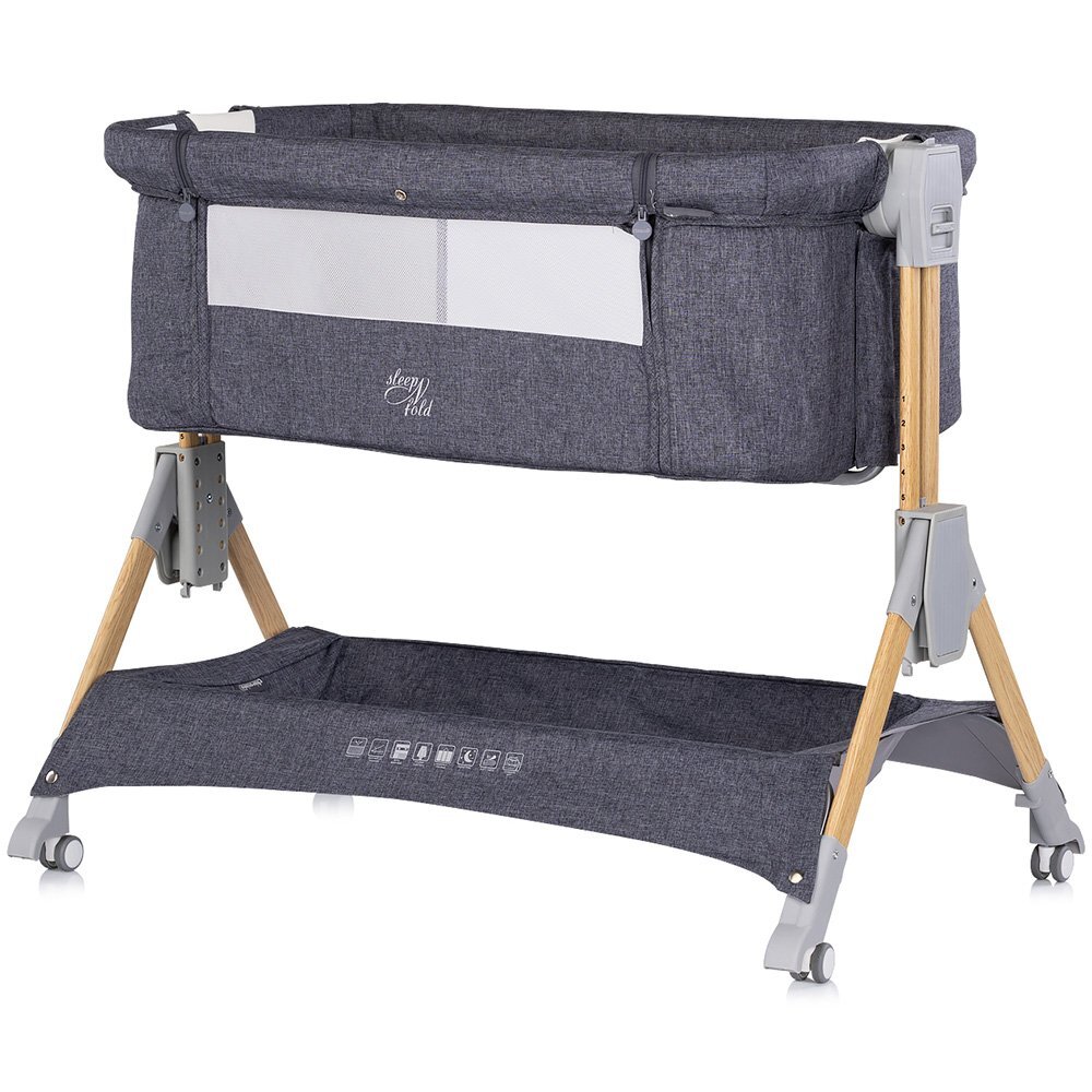 CHIPOLINO Patut co-sleeper pliabil SleepNFold Charcoal cu inaltime reglabila pozitie anti-reflux functie de leganare salteluta de infasat plasa anti-insecte roti cu frana