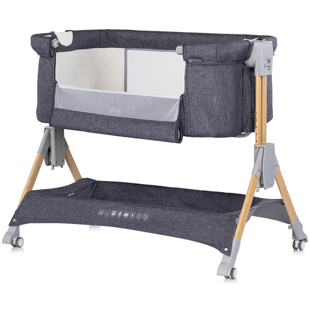 CHIPOLINO Patut co-sleeper pliabil SleepNFold Charcoal cu inaltime reglabila pozitie anti-reflux functie de leganare salteluta de infasat plasa anti-insecte roti cu frana