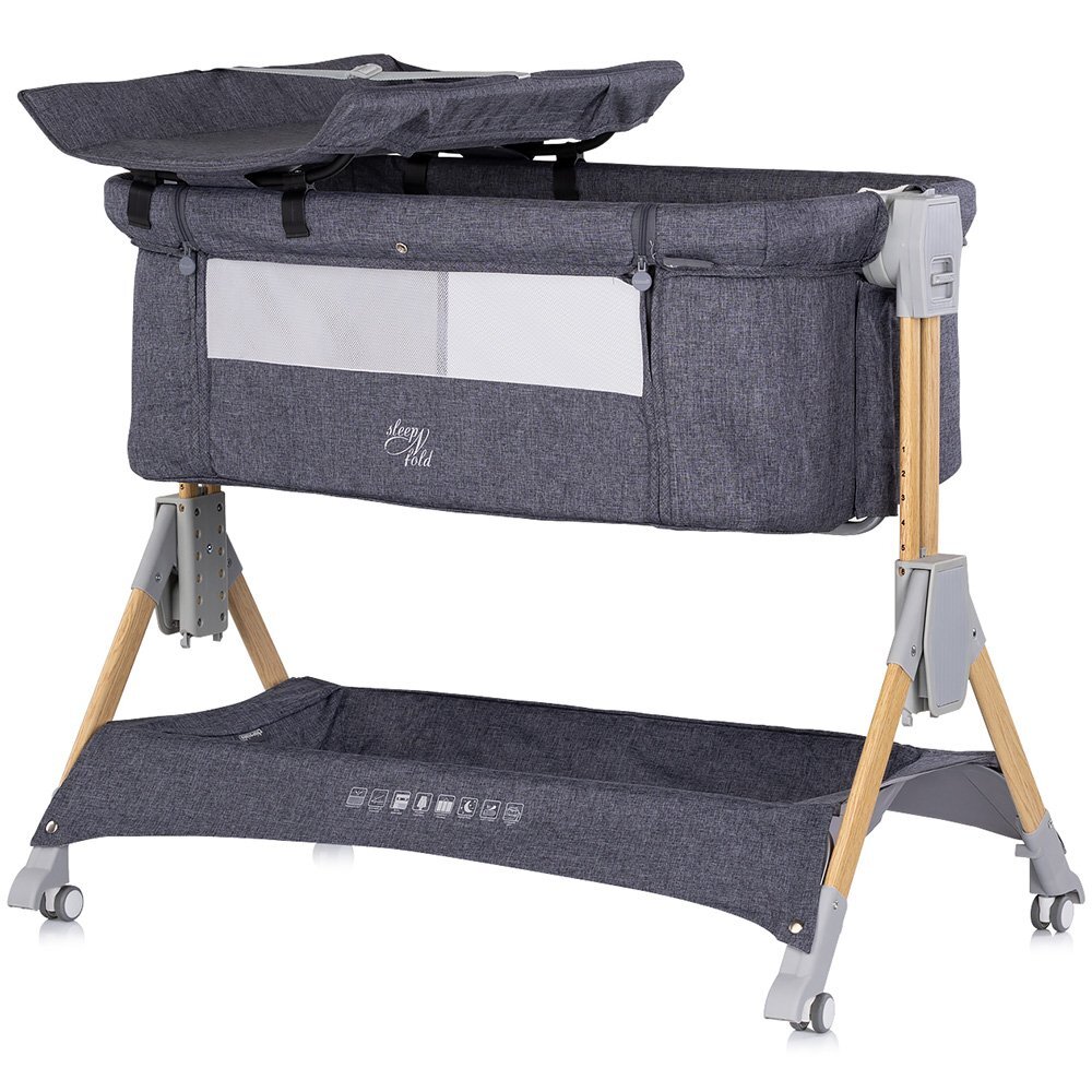 CHIPOLINO Patut co-sleeper pliabil SleepNFold Charcoal cu inaltime reglabila pozitie anti-reflux functie de leganare salteluta de infasat plasa anti-insecte roti cu frana