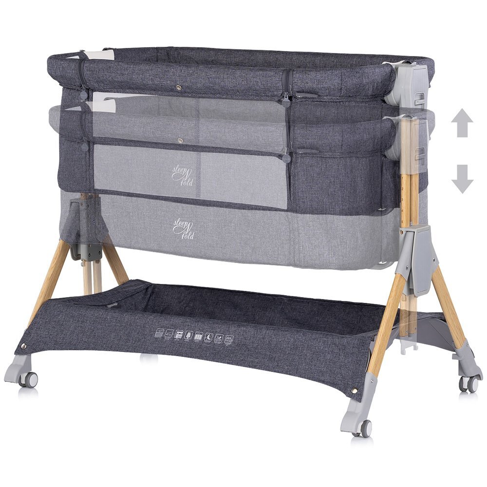CHIPOLINO Patut co-sleeper pliabil SleepNFold Charcoal cu inaltime reglabila pozitie anti-reflux functie de leganare salteluta de infasat plasa anti-insecte roti cu frana