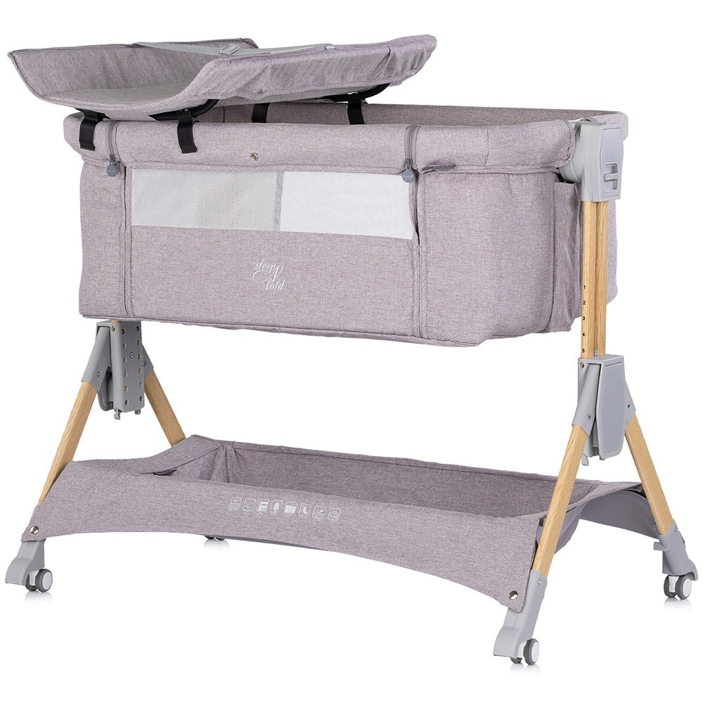 CHIPOLINO Patut co-sleeper pliabil SleepNFold Platinum cu inaltime reglabila pozitie anti-reflux functie de leganare salteluta de infasat plasa anti-insecte roti cu frana