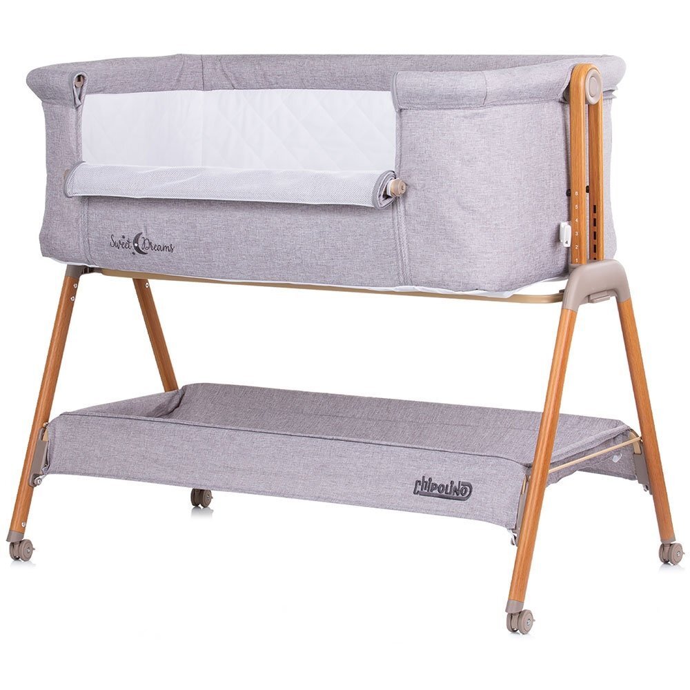 CHIPOLINO Patut co-sleeper Sweet Dreams grey wood inaltime reglabila saltea cu pozitie anti reflux laterala culisanta cadru usor din aluminiu