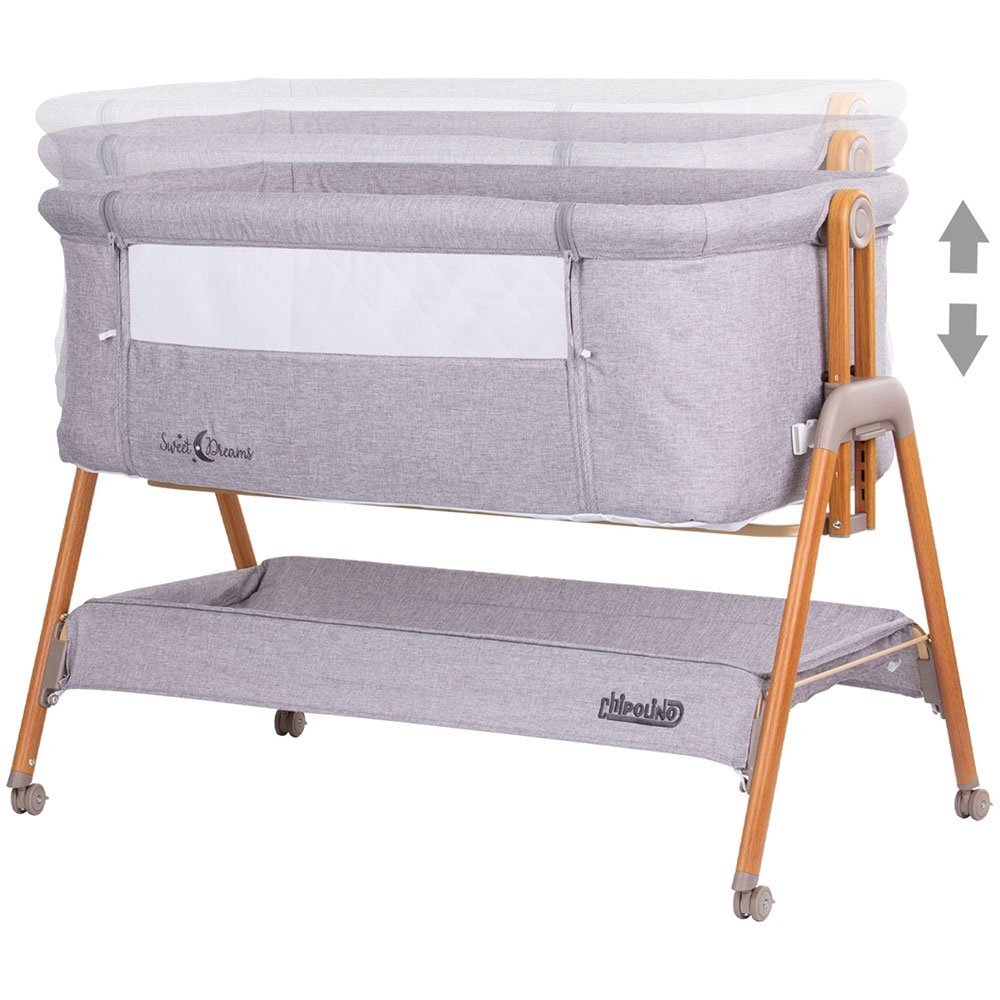 CHIPOLINO Patut co-sleeper Sweet Dreams grey wood inaltime reglabila saltea cu pozitie anti reflux laterala culisanta cadru usor din aluminiu
