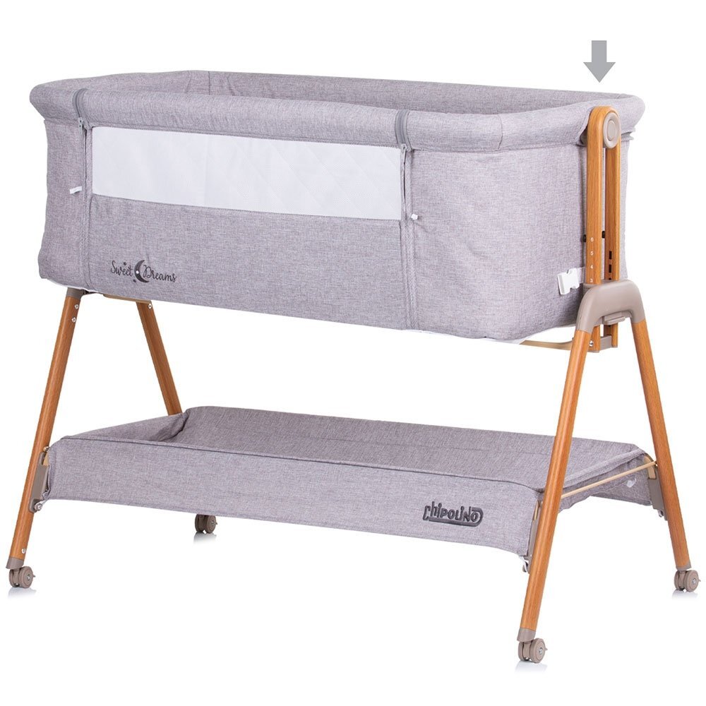 CHIPOLINO Patut co-sleeper Sweet Dreams grey wood inaltime reglabila saltea cu pozitie anti reflux laterala culisanta cadru usor din aluminiu