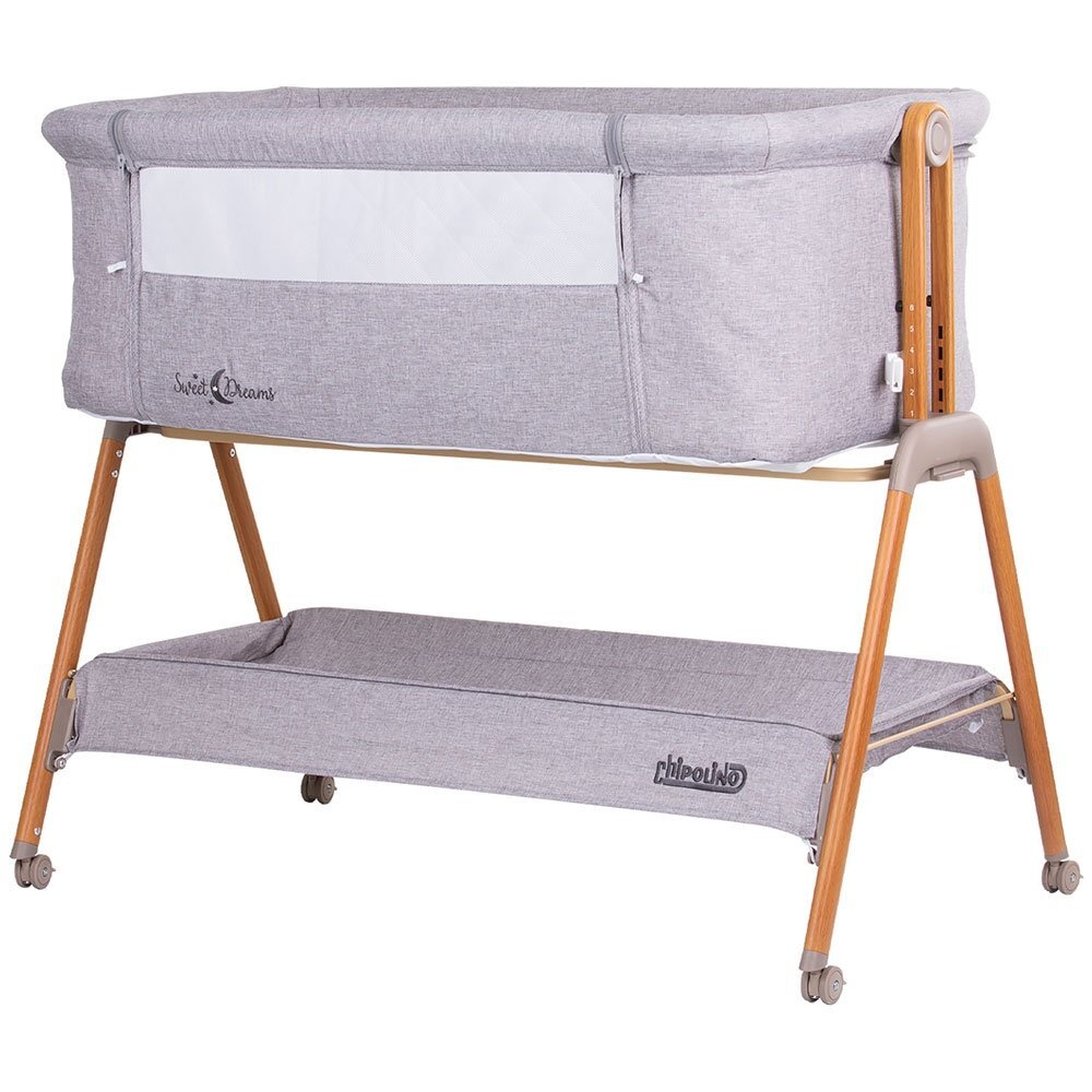 CHIPOLINO Patut co-sleeper Sweet Dreams grey wood inaltime reglabila saltea cu pozitie anti reflux laterala culisanta cadru usor din aluminiu