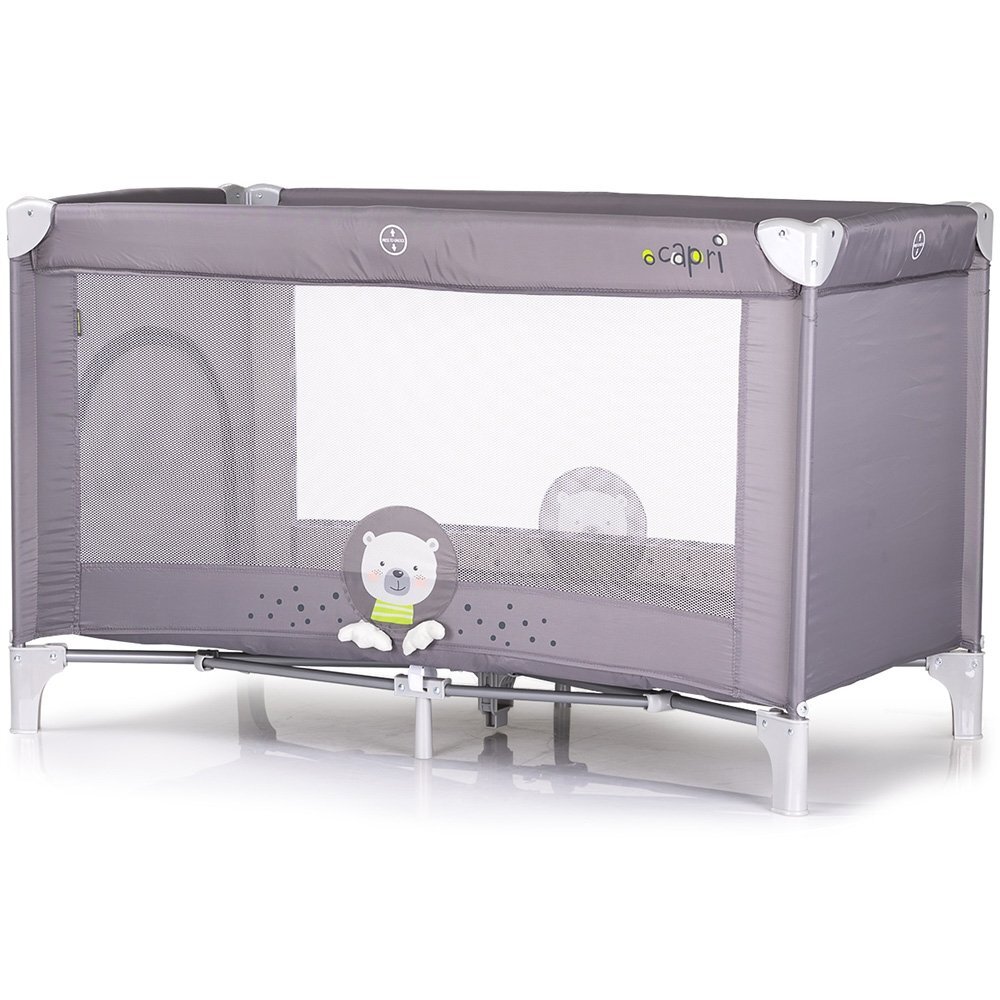 CHIPOLINO Patut pentru copii Capri Bear Grey pliabil saltea pentru nivelul inferior intrarea laterala buzunare laterale geanta transport standardul EN716-1 greutate suportata 15 kg