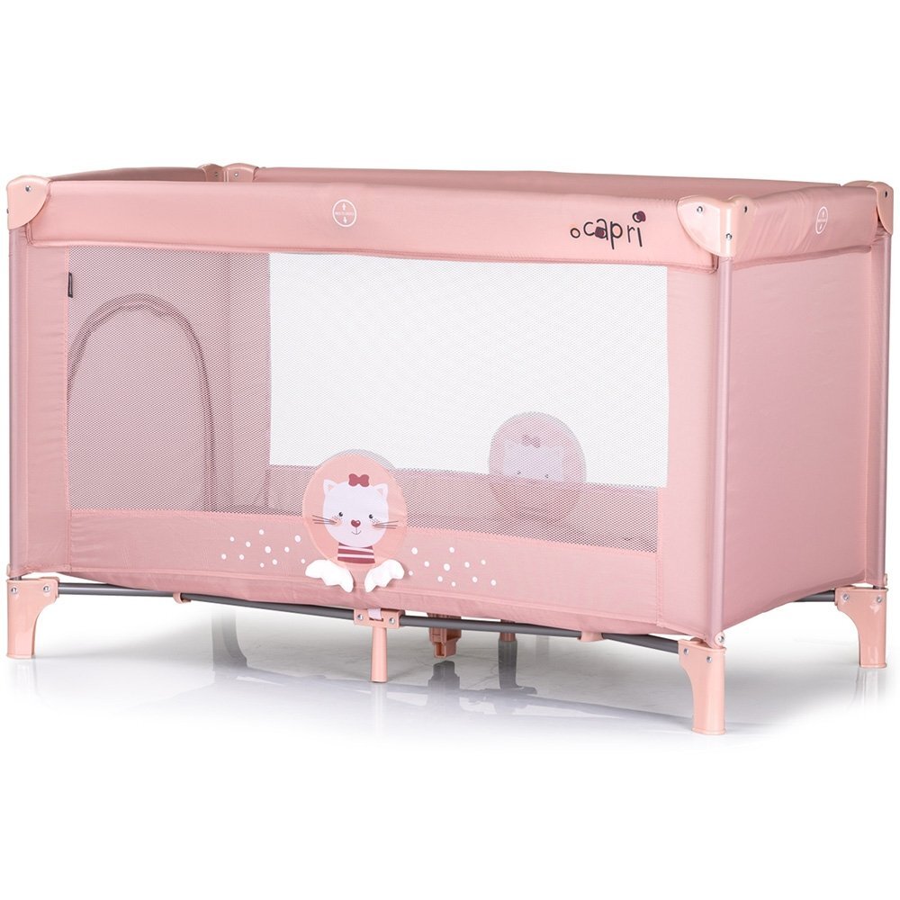 CHIPOLINO Patut pentru copii Capri Cat Pink pliabil saltea pentru nivelul inferior intrarea laterala buzunare laterale geanta transport standardul EN716-1 greutate suportata 15 kg