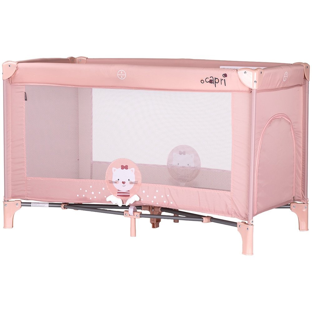 CHIPOLINO Patut pentru copii Capri Cat Pink pliabil saltea pentru nivelul inferior intrarea laterala buzunare laterale geanta transport standardul EN716-1 greutate suportata 15 kg