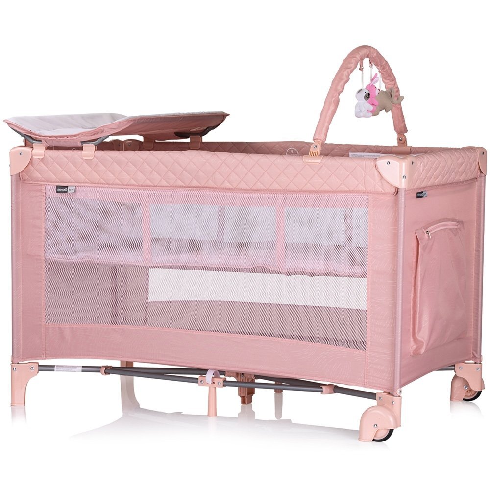 CHIPOLINO Patut pentru copii Luna Pink marshmallow cu doua nivele pliabil saltea de infasat organizator intrarea laterala bara cu jucarii 2 roti buzunar pentru accesorii geanta de transport greutate suportata 15 kg
