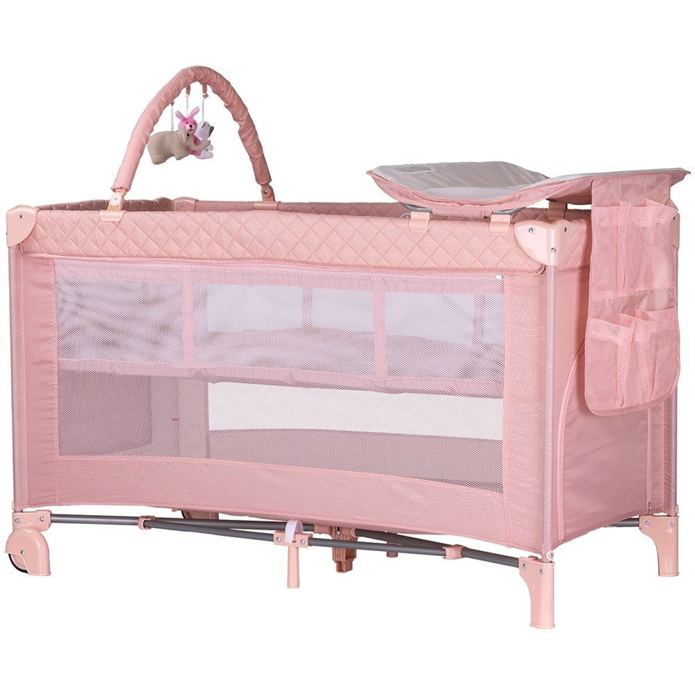 CHIPOLINO Patut pentru copii Luna Pink marshmallow cu doua nivele pliabil saltea de infasat organizator intrarea laterala bara cu jucarii 2 roti buzunar pentru accesorii geanta de transport greutate suportata 15 kg